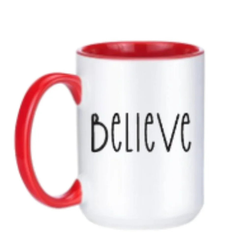 "Believe" Christmas Mug – 15oz White w/ Red Handle & Interior–Holiday …